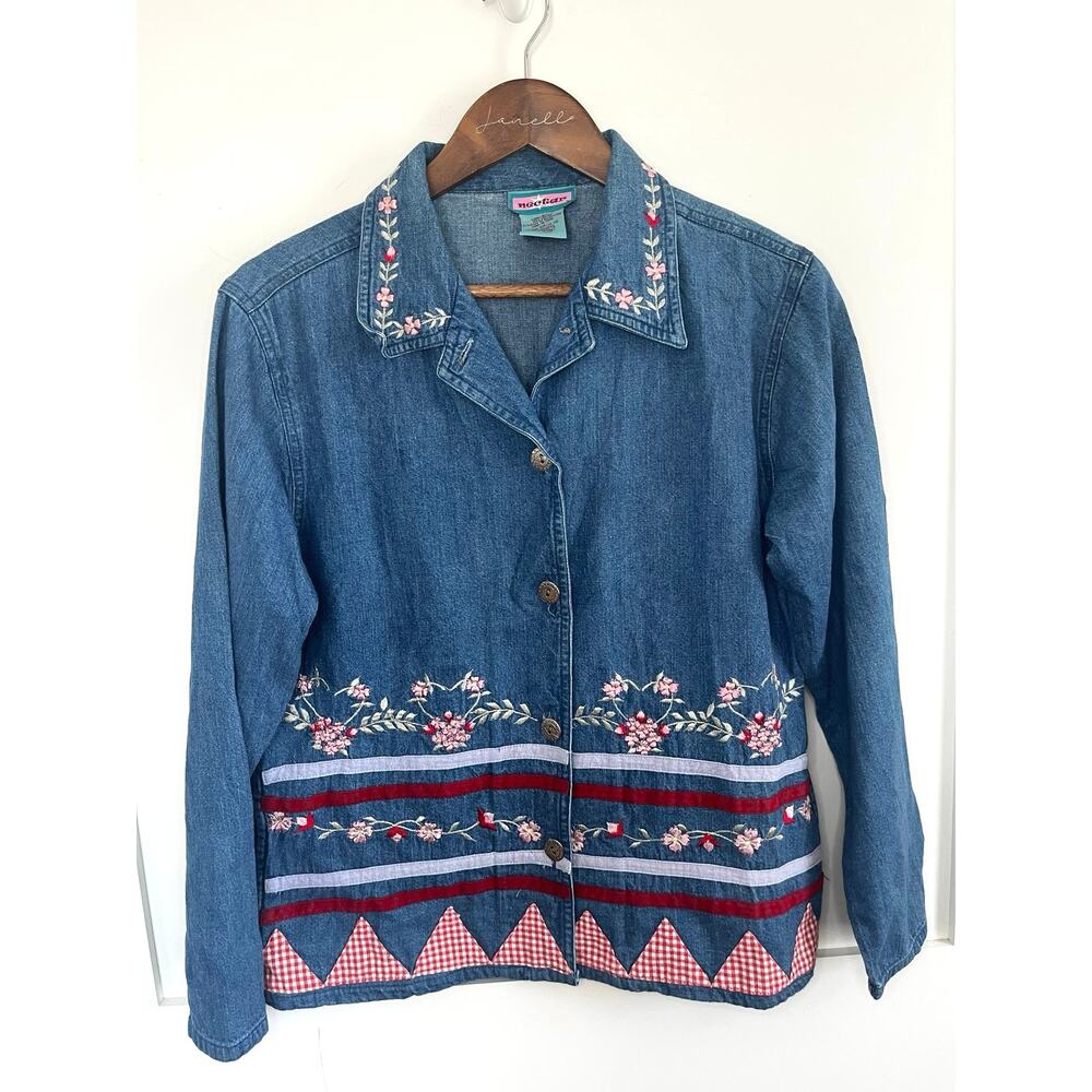 Vintage 90s Denim Shirt Embroidered Flowers Gingham Patchwork Cottage Garden